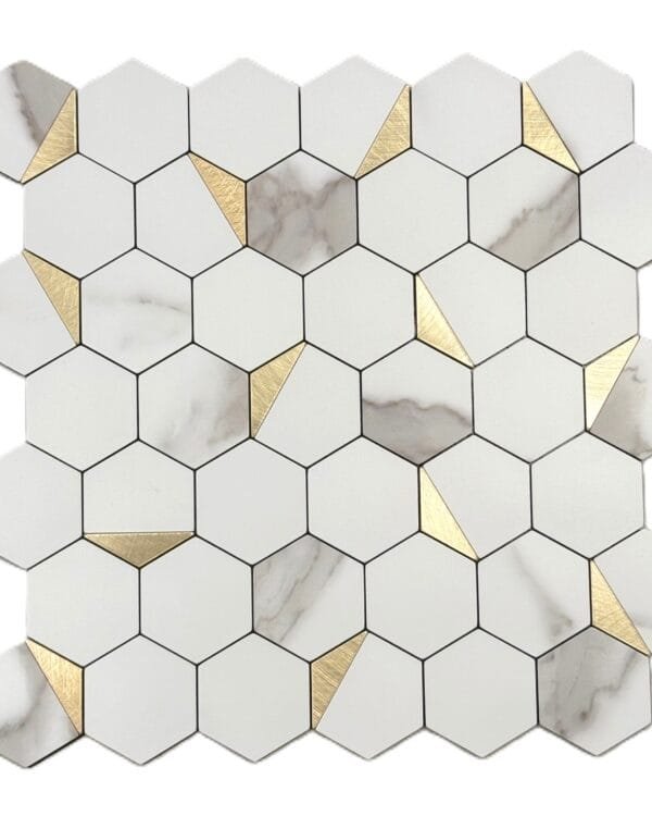 Wit marble hexagon mozaïek met goudaccent zelfklevend 30x30 cm S021